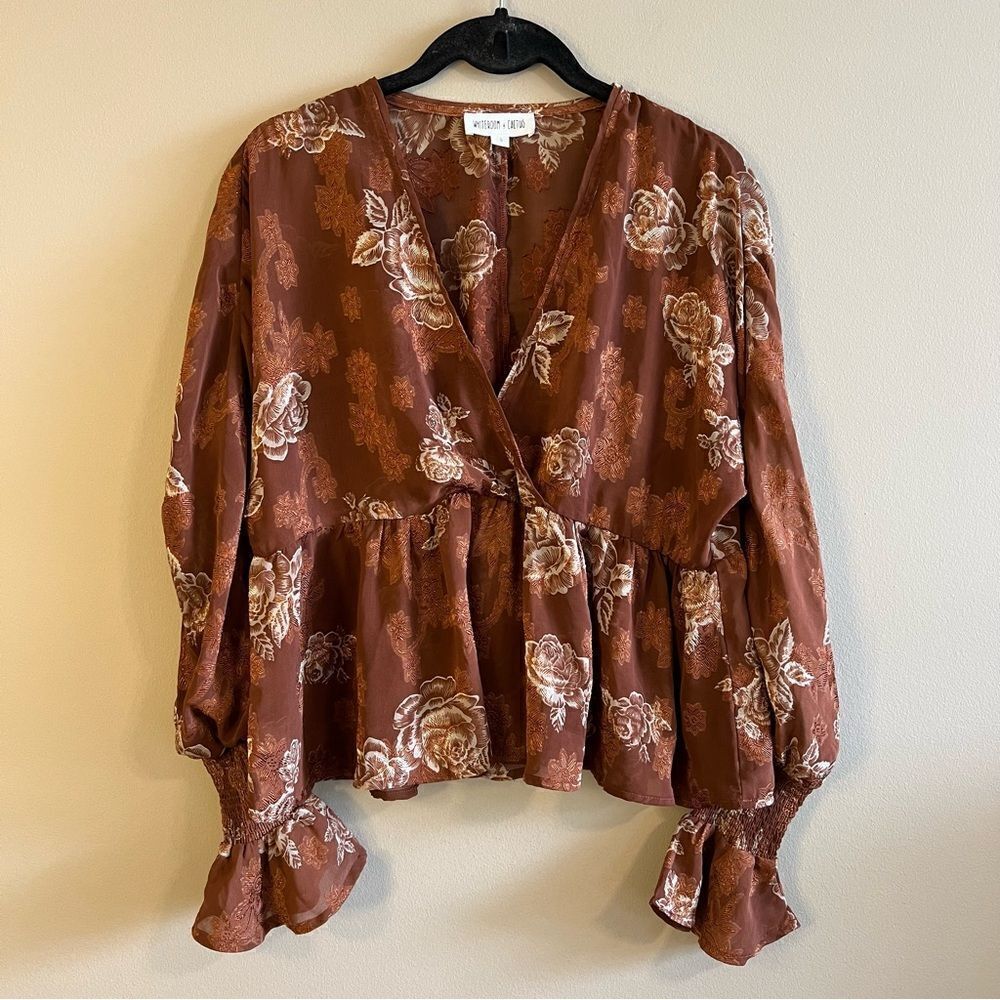 ✨ Whiteroom + Cactus Brown Floral Sheer Long Sleeve‎ Top Small
